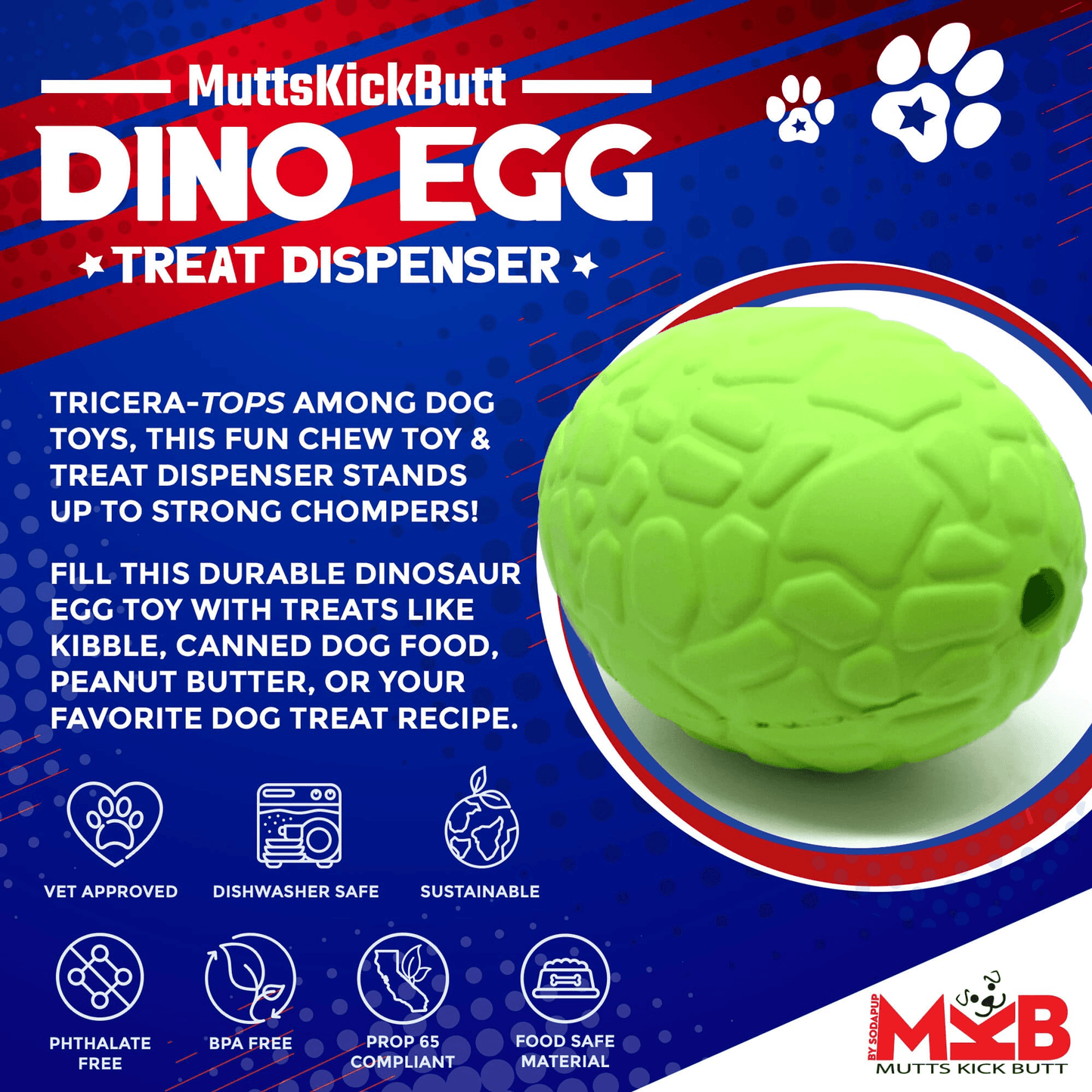 MKB Durable Chew Toy & Treat Dispenser - Dinosaur Egg for Power Chewers